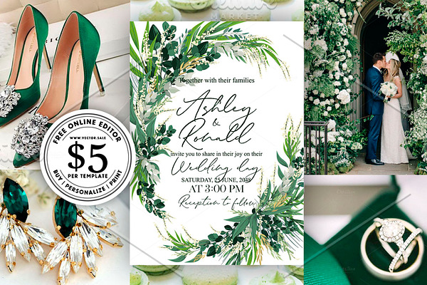 Bohemian greenery wedding invitation