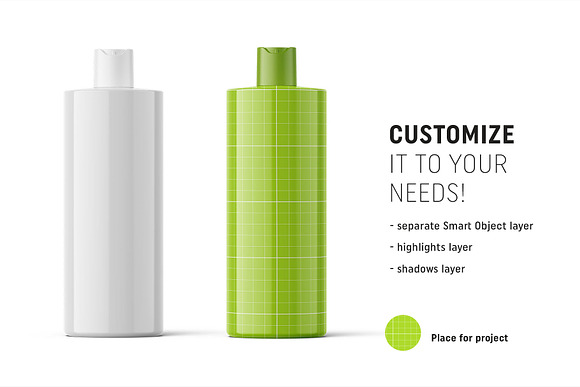 Glossy cosmetic bottle mockup 500ml in Product Mockups - product preview 1