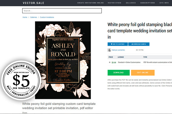 Black Gold peony wedding invitation in Card Templates - product preview 2