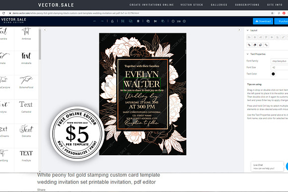 Black Gold peony wedding invitation in Card Templates - product preview 3