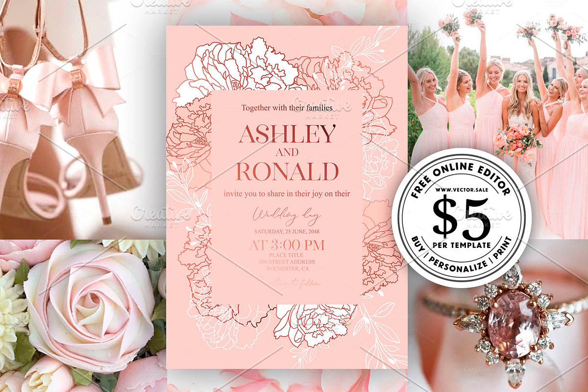 Pink gold peony wedding invitation in Card Templates - product preview 8