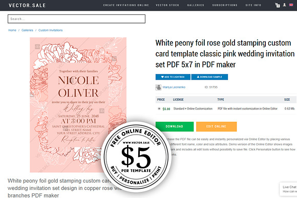 Pink gold peony wedding invitation in Card Templates - product preview 1