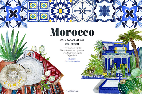 Morocco. Tropical. Watercolor tiles. in Illustrations - product preview 5