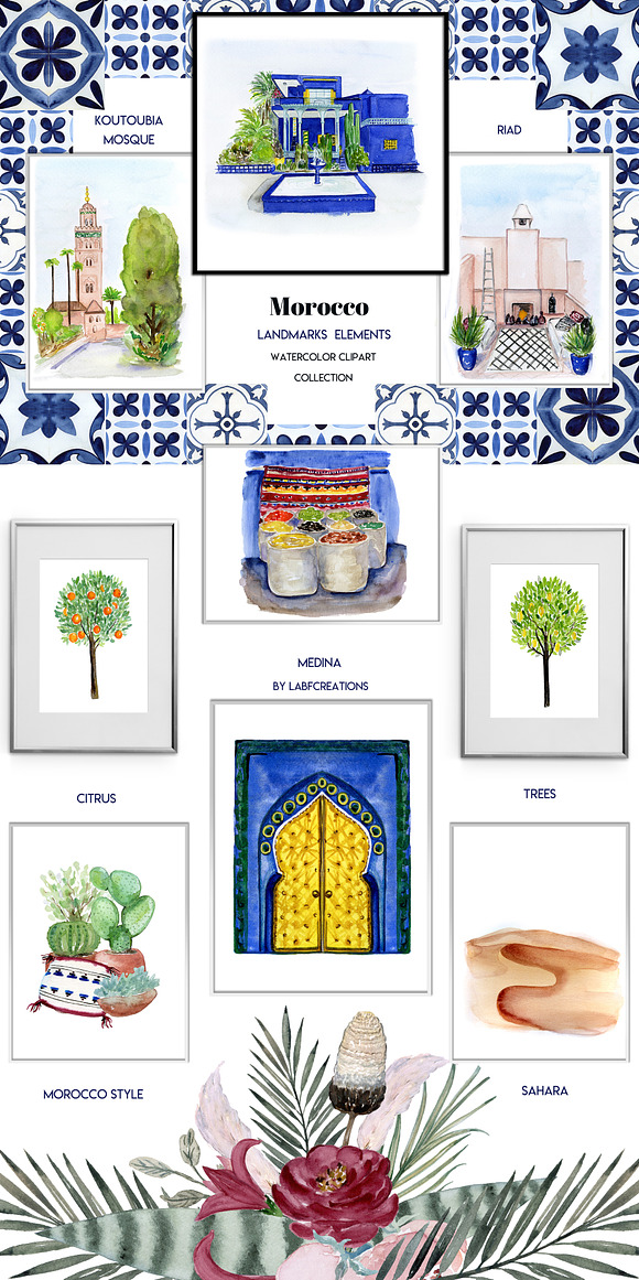 Morocco. Tropical. Watercolor tiles. in Illustrations - product preview 15