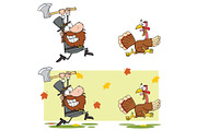 Angry Man Chasing With Axe A Turkey
