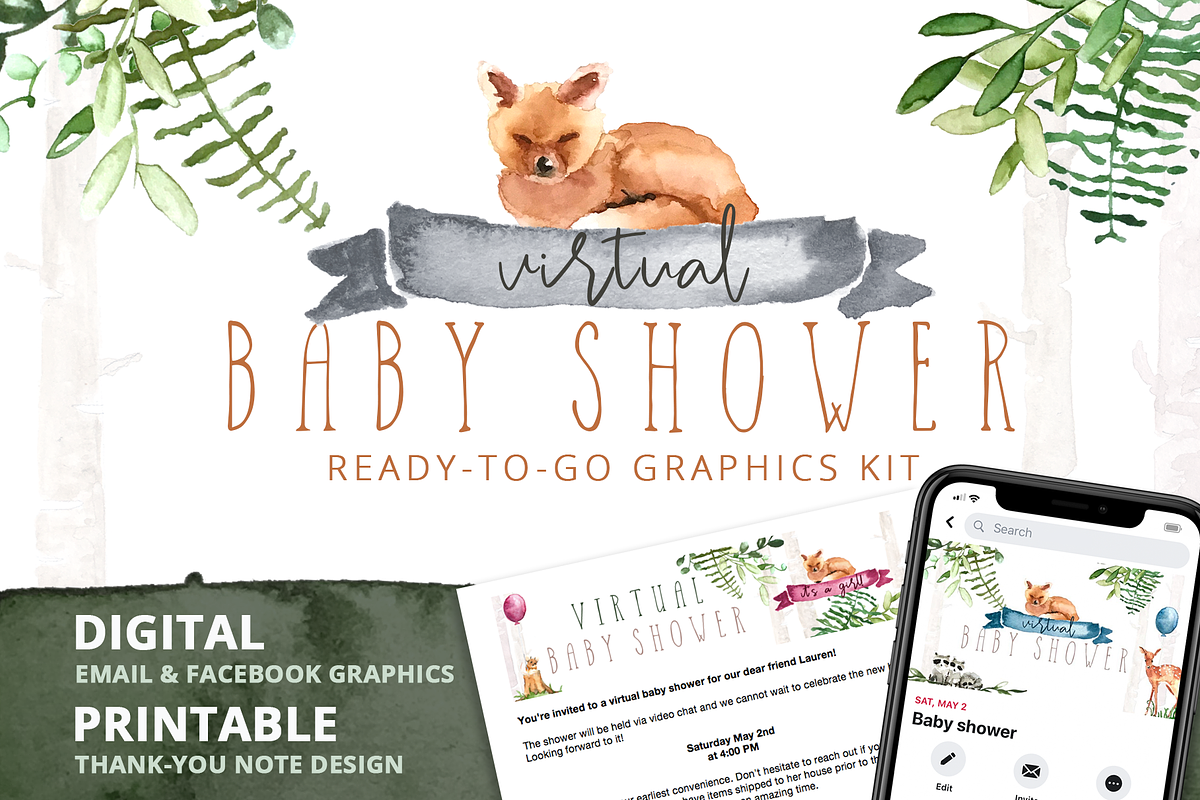 Virtual Baby Shower - Woodland in Card Templates - product preview 8