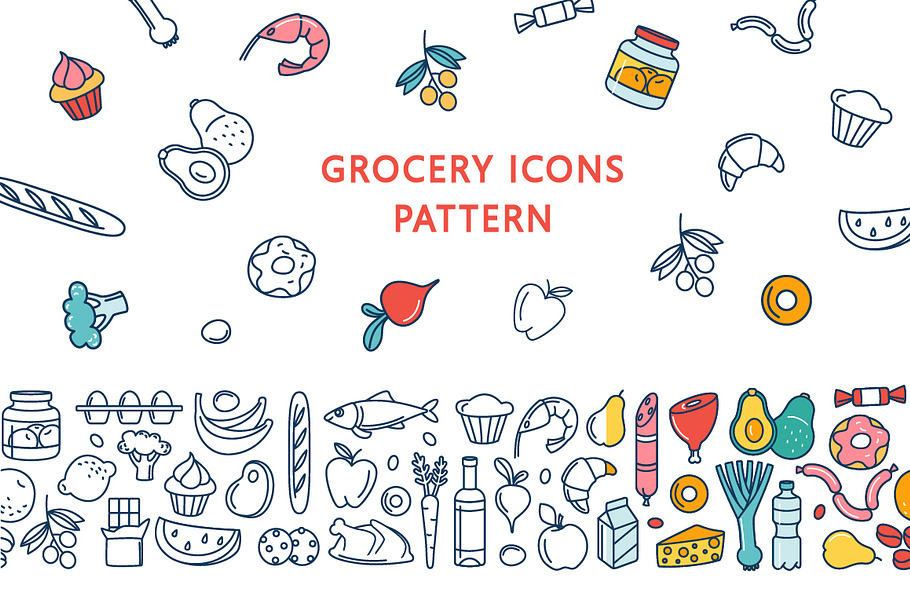 Grocery icons, patterns and borders