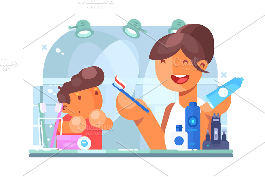 Child brushing teeth with mother in Illustrations - product preview 8