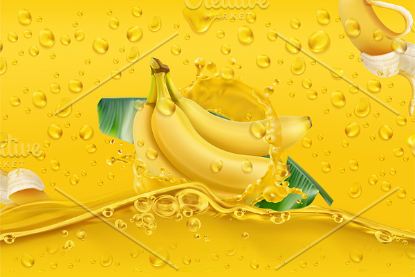 Banana in yellow splashes, vector