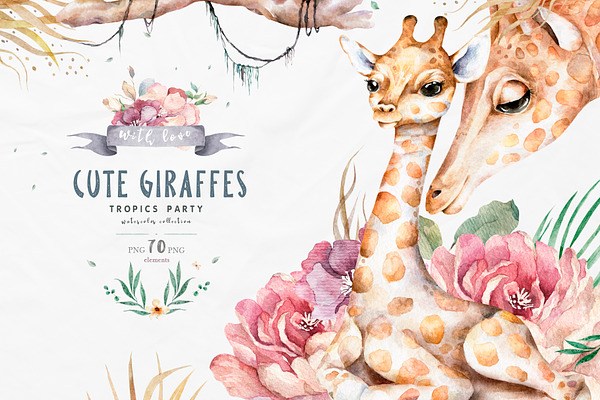 Cute Giraffes Watercolor Tropic