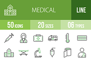 50 Medical Line Green & Black Icons