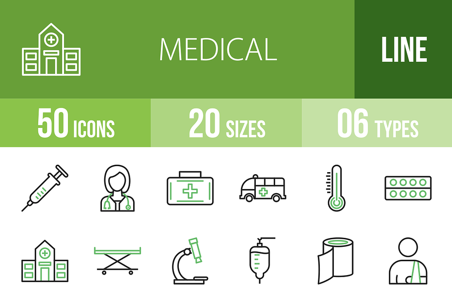 50 Medical Line Green & Black Icons