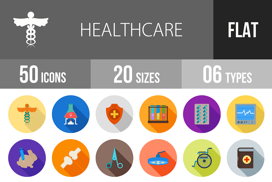 50 Healthcare Flat Shadowed Icons