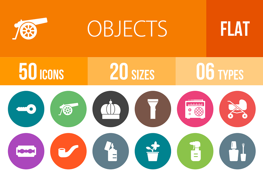 50 Objects Flat Round Icons