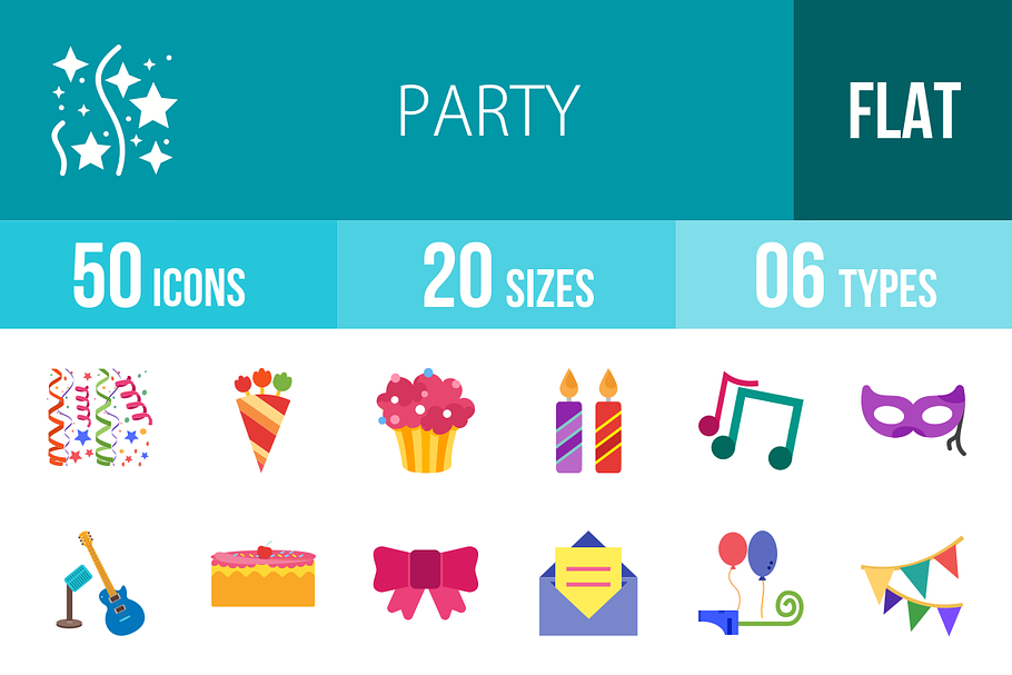 50 Party Flat Multicolor Icons in Graphics - product preview 8