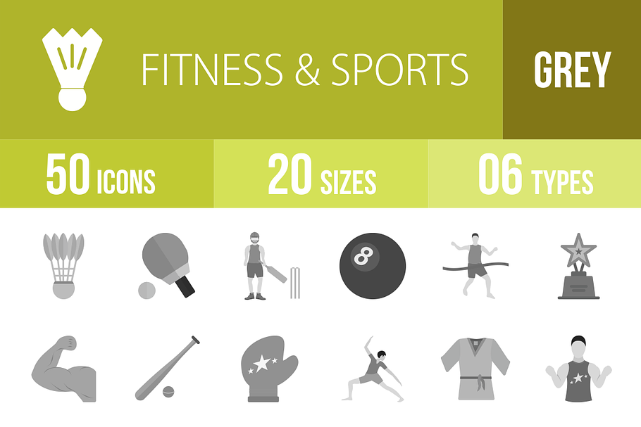50 Fitness & Sports Greyscale Icons