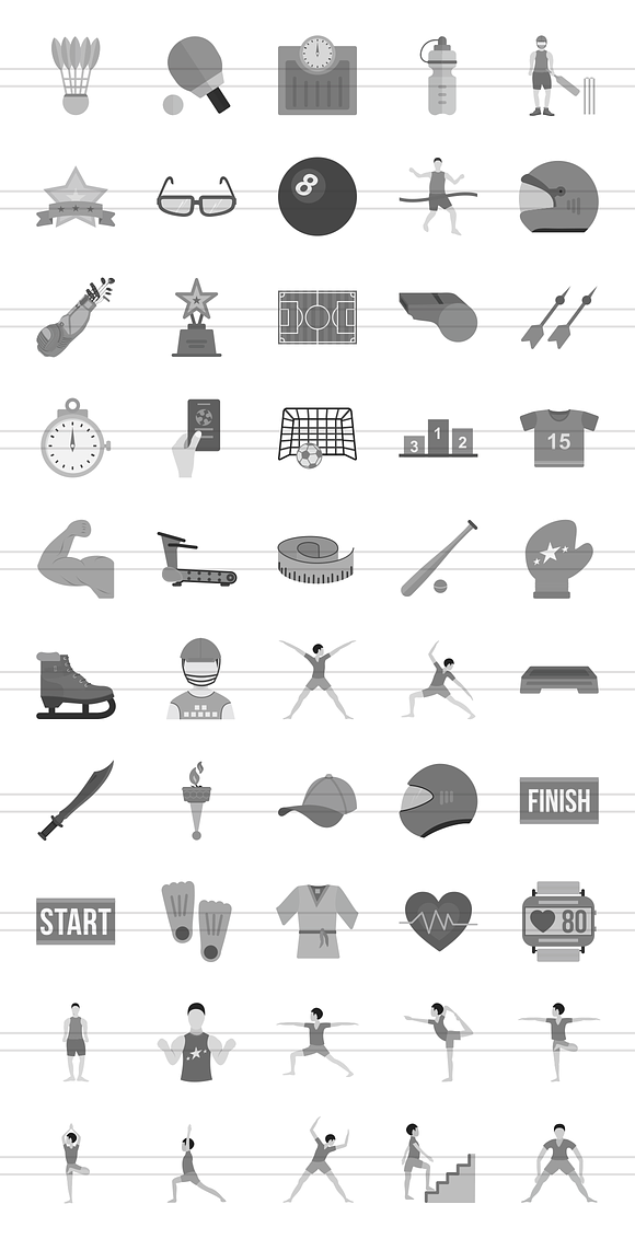 50 Fitness & Sports Greyscale Icons in Graphics - product preview 1