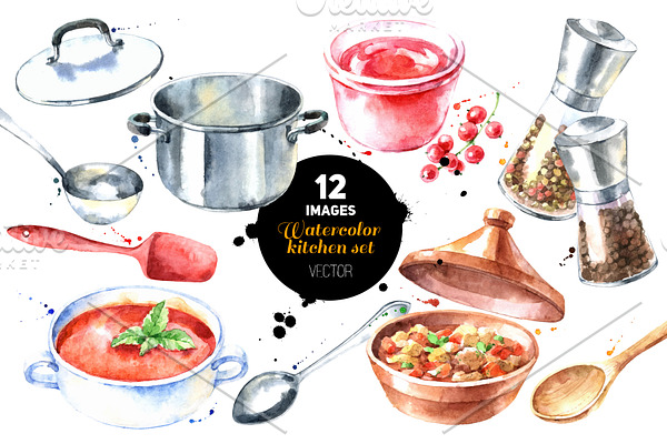 Watercolor Kitchenware Vector Set