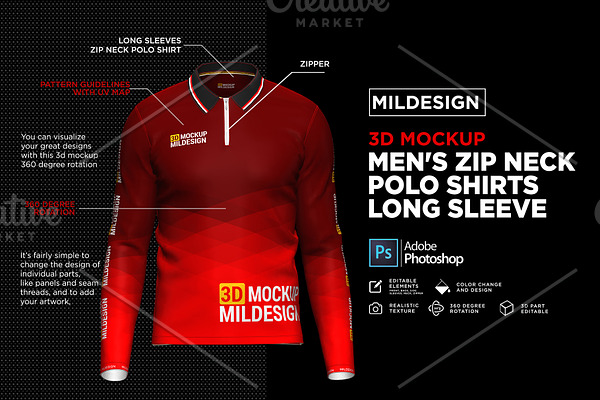 3D Mockup: Men's Zip Polo Shirts LS