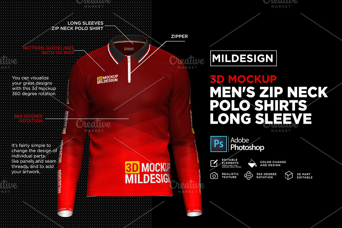 3D Mockup: Men's Zip Polo Shirts LS in Product Mockups - product preview 8