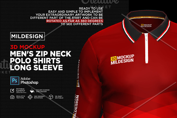 3D Mockup: Men's Zip Polo Shirts LS in Product Mockups - product preview 1