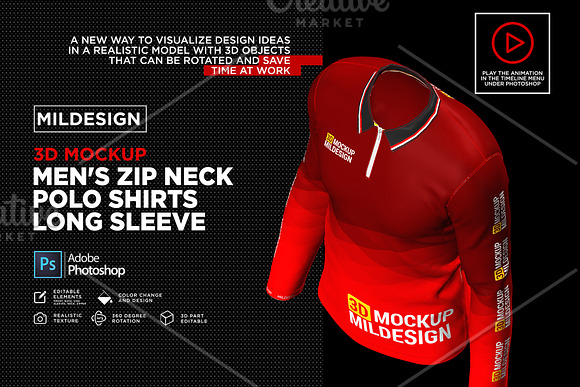 3D Mockup: Men's Zip Polo Shirts LS in Product Mockups - product preview 2