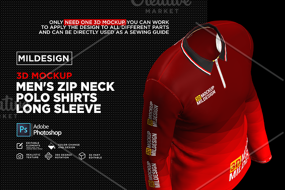 3D Mockup: Men's Zip Polo Shirts LS in Product Mockups - product preview 3