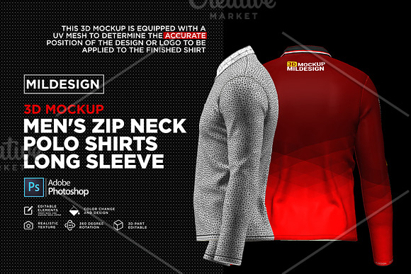 3D Mockup: Men's Zip Polo Shirts LS in Product Mockups - product preview 4