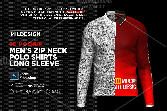 3D Mockup: Men's Zip Polo Shirts LS in Product Mockups - product preview 5