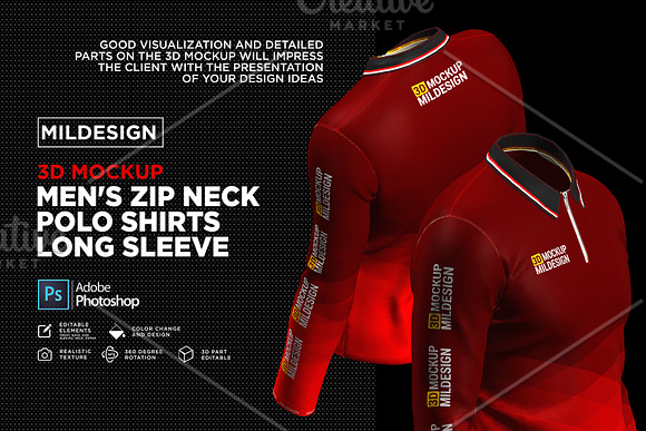 3D Mockup: Men's Zip Polo Shirts LS in Product Mockups - product preview 6