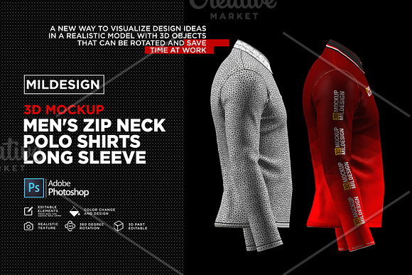 3D Mockup: Men's Zip Polo Shirts LS in Product Mockups - product preview 7