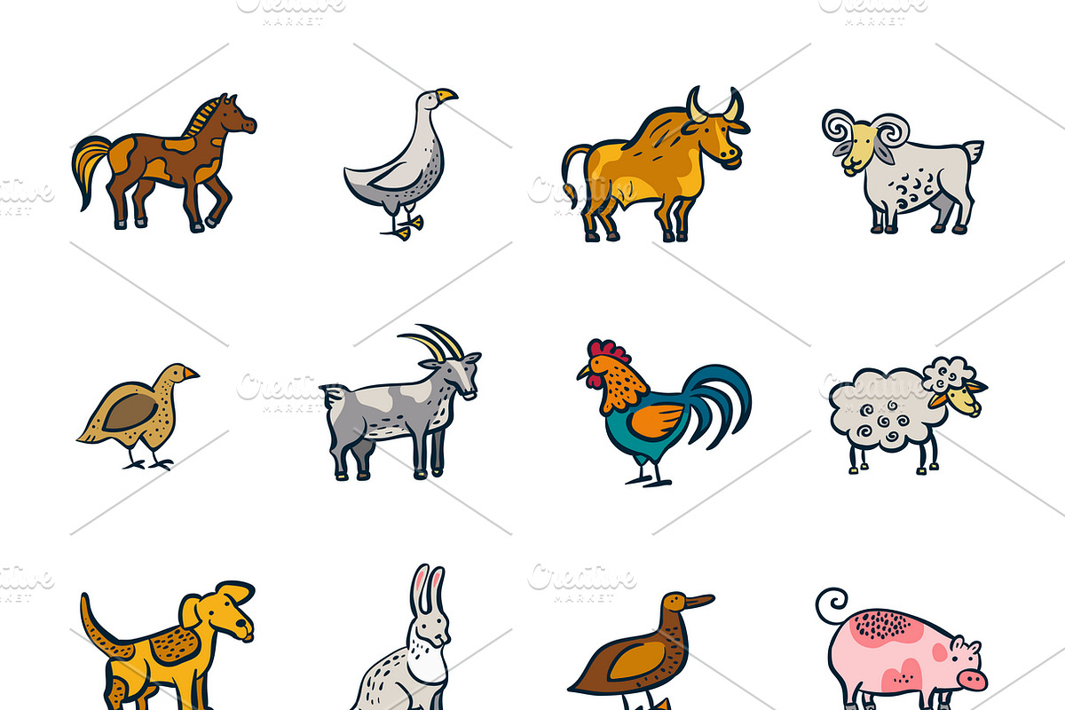 Farm animals and birds doodle set in Icons - product preview 8