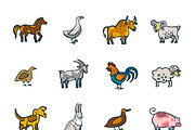 Farm animals and birds doodle set