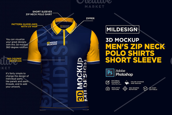 3D Mockup: Men's Zip Polo Shirts SS