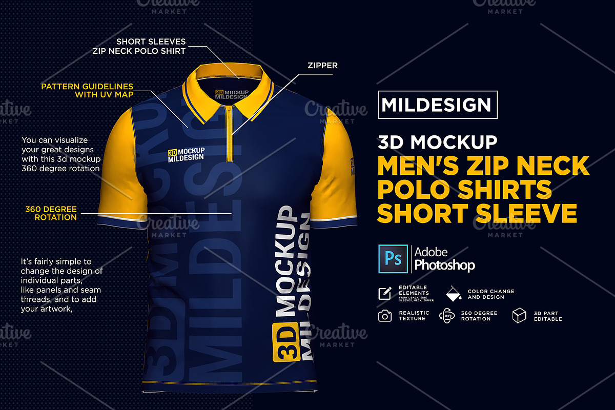 3D Mockup: Men's Zip Polo Shirts SS in Product Mockups - product preview 8