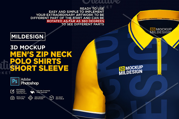 3D Mockup: Men's Zip Polo Shirts SS in Product Mockups - product preview 1