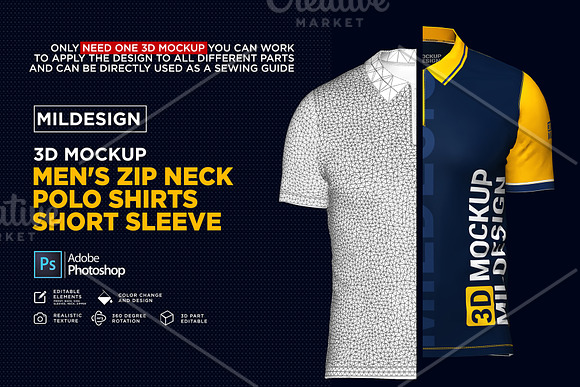 3D Mockup: Men's Zip Polo Shirts SS in Product Mockups - product preview 3