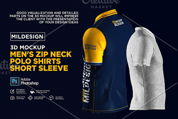 3D Mockup: Men's Zip Polo Shirts SS in Product Mockups - product preview 4