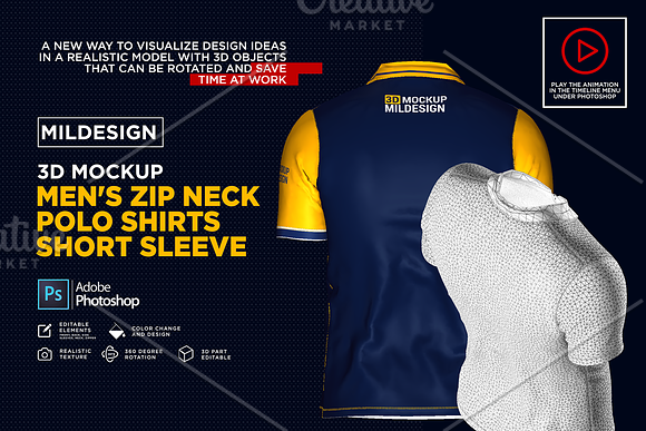 3D Mockup: Men's Zip Polo Shirts SS in Product Mockups - product preview 5