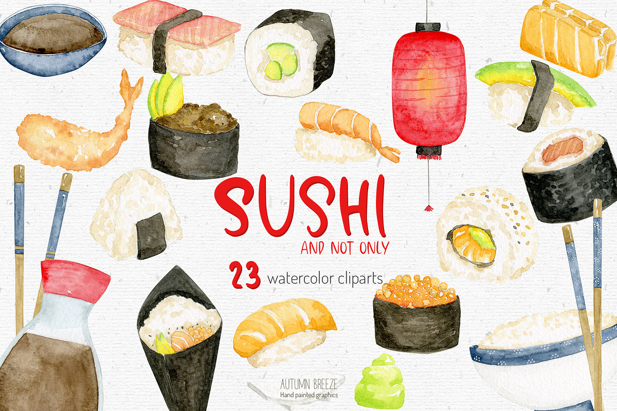Watercolor sushi clipart in Illustrations - product preview 8