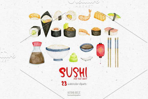 Watercolor sushi clipart in Illustrations - product preview 1