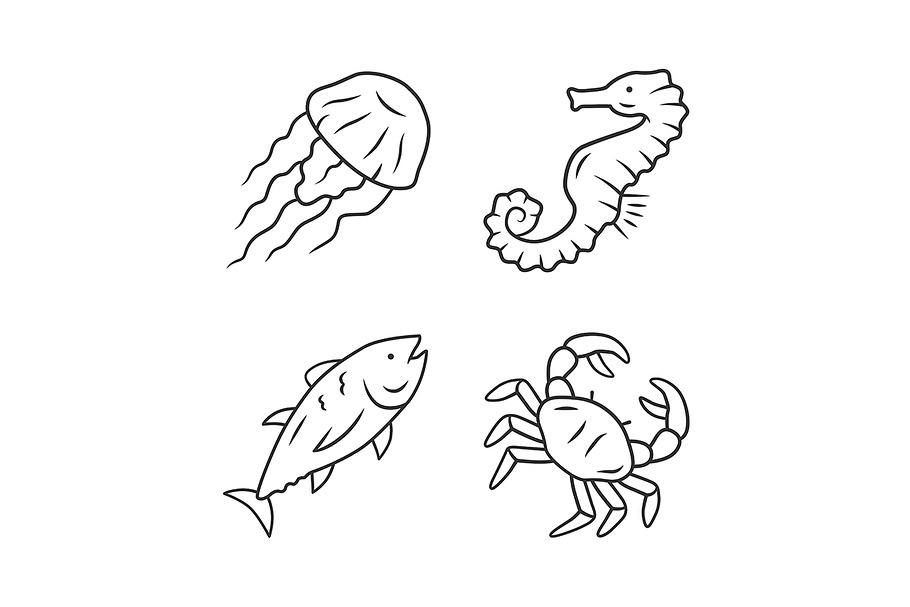 Sea animals linear icons set