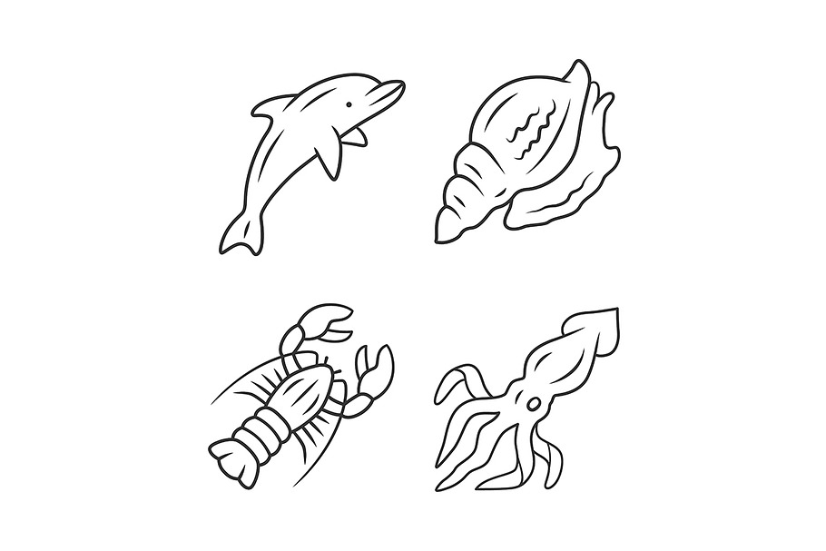 Ocean animals linear icons set
