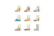 Women modern shoes color icons set