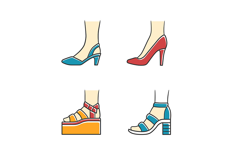 Women summer shoes color icons set