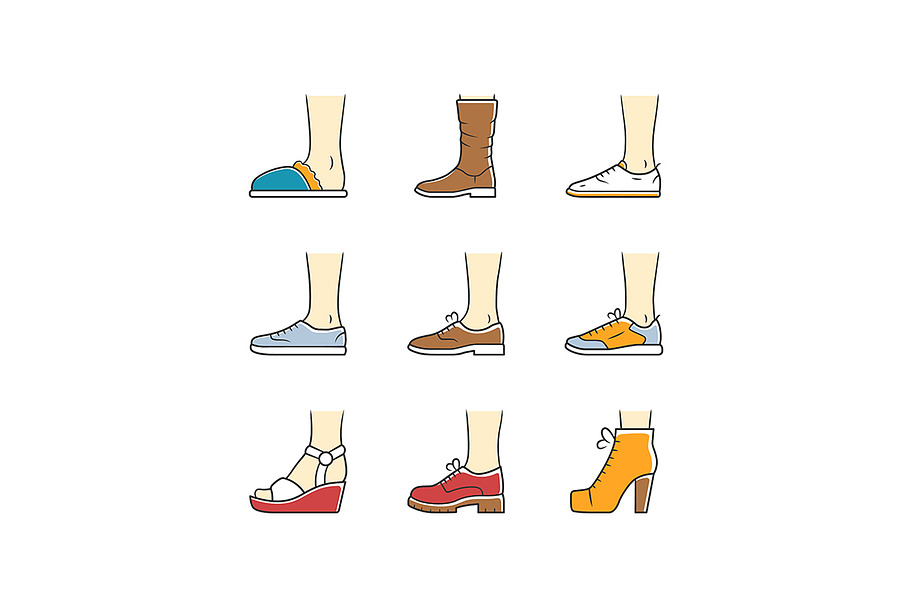Women and men shoes color icons set