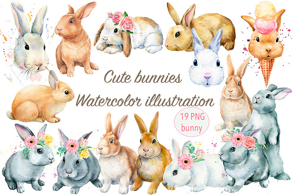 Сute bunnies watercolor illustration