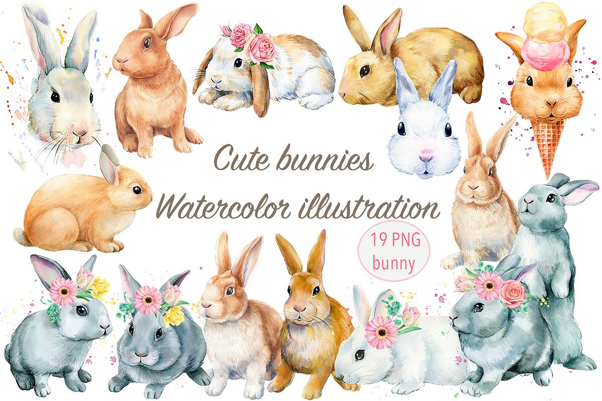 Сute bunnies watercolor illustration in Illustrations - product preview 8