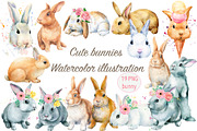 Сute bunnies watercolor illustration