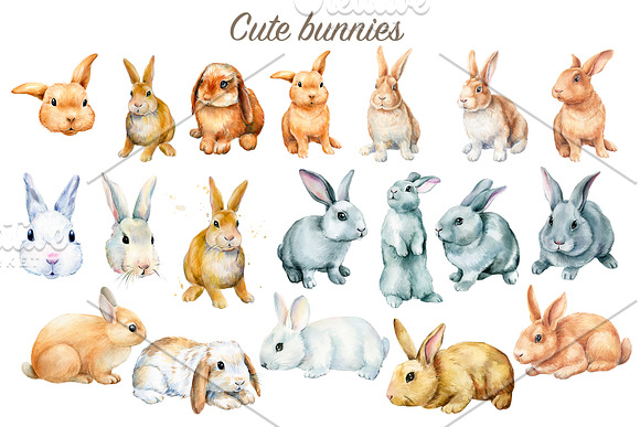 Сute bunnies watercolor illustration in Illustrations - product preview 1